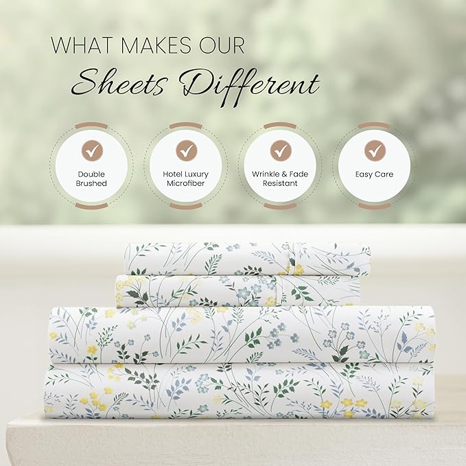 Linen Market 4 Piece King Sheet Set - Breathable, Double-Brushed Patterned Cooling Sheets – Oeko-TEX Certified Ultra Soft & Wrinkle-Free 16" Deep-Pocket King Sheets - Easy Care Wildflower Light Blue