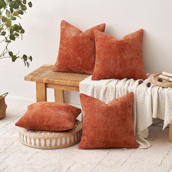 MIULEE Decorative Chenille Fall Pillow Covers Burnt Orange 16x16 Pack of 4 | - Image 5