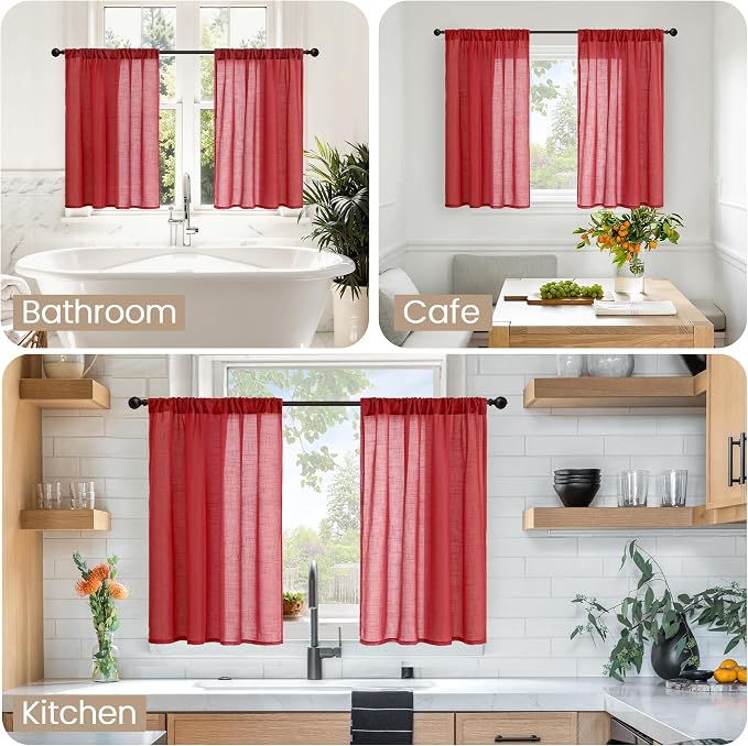 BGment Red Linen Cafe Curtains 36 Inch Length, Small Half Drapes Semi Sheer - Image 2
