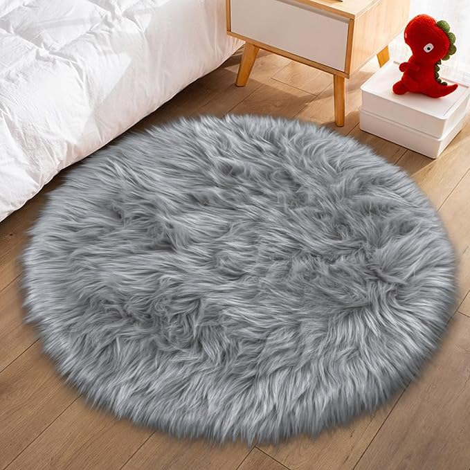 Faux Fur Grey Round Rugs 3ft for Bedroom, Small Fluffy Fuzzy Circle Rug Furry - Image 7