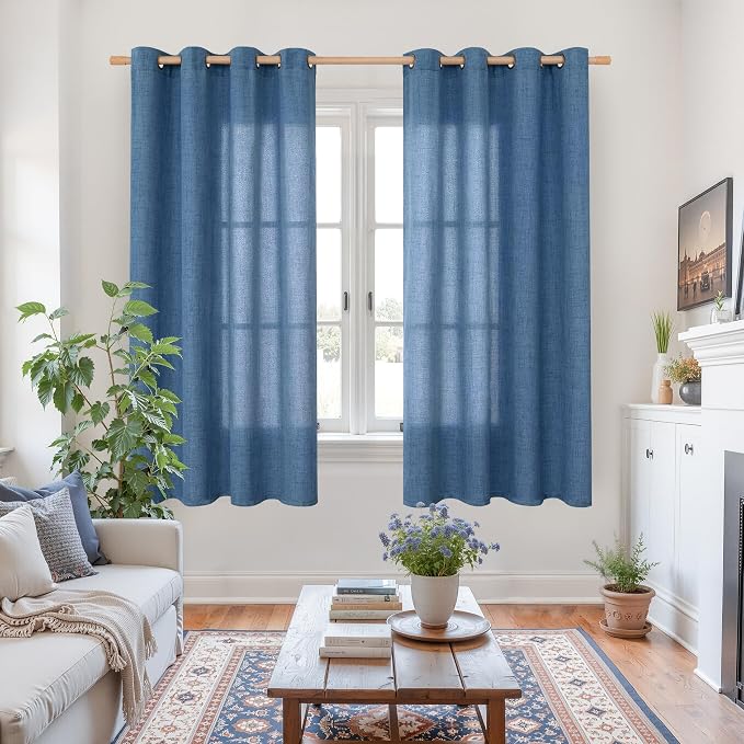 YoungsTex Navy Blue Linen Curtains 63 Inch Length 2 Panels Light Filtering | - Image 2