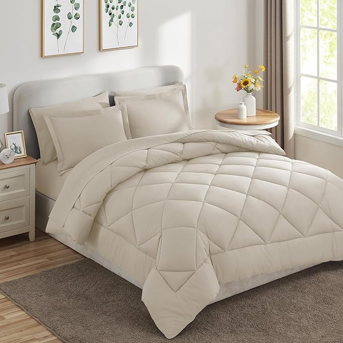 CozyLux King Size Comforter Set Oatmeal - 7 Pieces Bed in a Bag King, Luxury Soft Bed Set for All Seasons, Bedding Set with Down Alternative Comforter, Sheets, Pillowcases & Shams