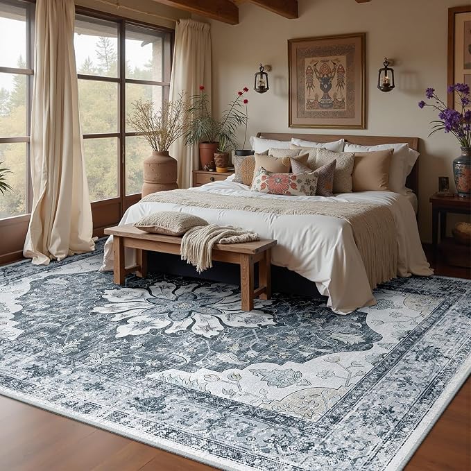 RELEANY Washable Area Rug, Water Repellent, Pet Friendly, Vintage Floral Boho by RELEANY