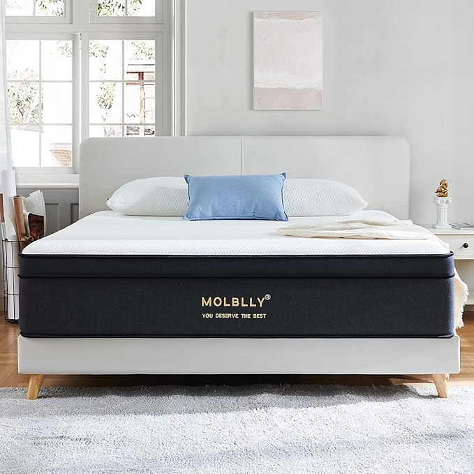 Molblly Queen Mattress14 Inch Hybrid Mattress in a Box with Gel Memory Foam, Individually Wrapped Pocket Coils Innerspring, Pressure-Relieving and Supportive, Non-Fiberglass,Queen Size