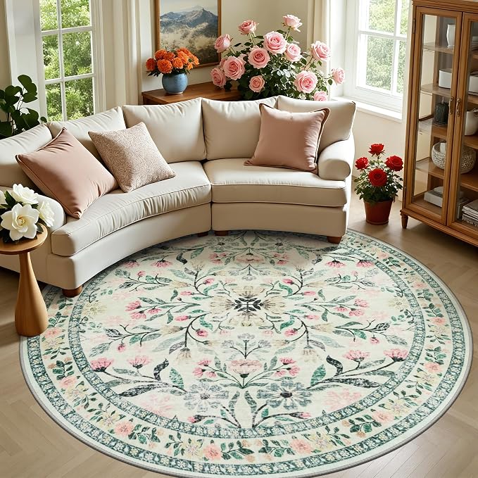 PLHXFR Round Area Rug Living Room: 8 ft Floral Washable Carpet Green Beige | by PLHXFRSoftAreaRugs