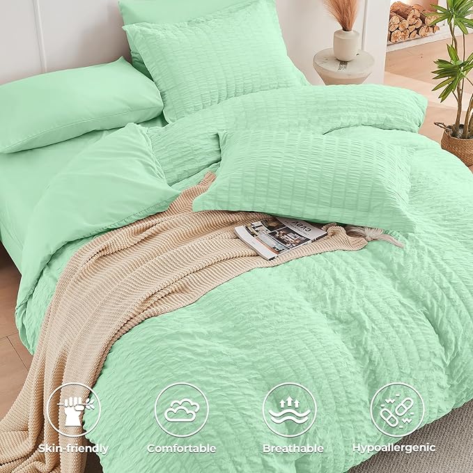 HYMOKEGE Mint Green Twin Comforter Set Seersucker 5 Pieces, All Season Luxury Bed in a Bag for Bedroom, Bedding Set with Comforter, Sheets, Pillowcase & Sham