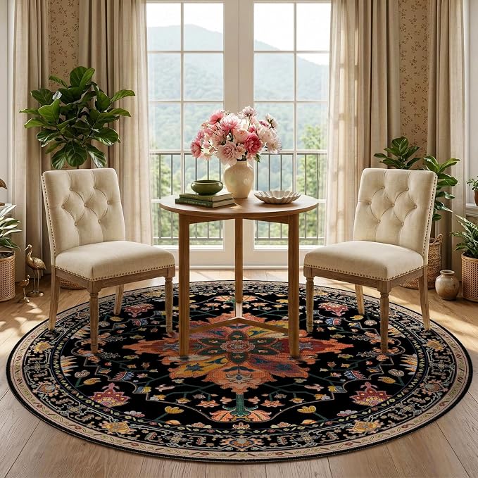 RELEANY Washable Area Rug, Round 5ft, Water Repellent, Pet Friendly, Vintage - Image 3