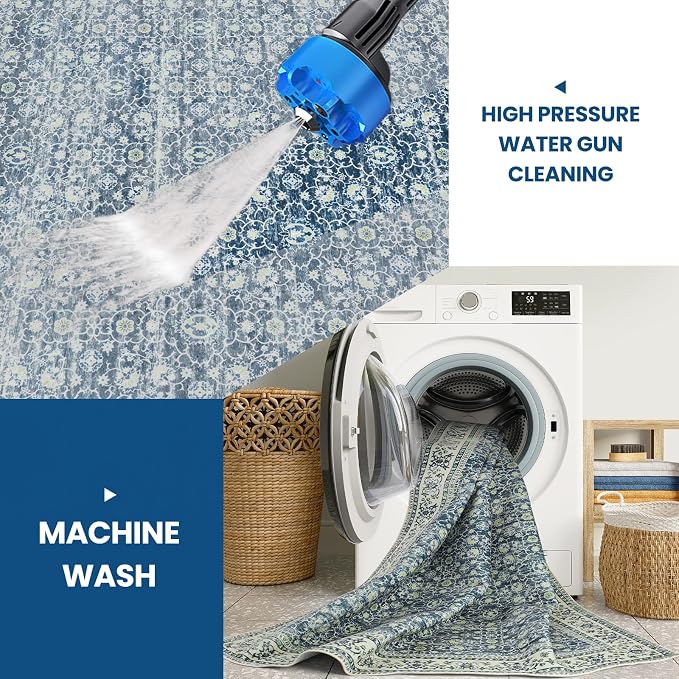 8x10 Boho Washable Area Rugs for Living Room, Dining Room-White Blue | Retro - Image 3