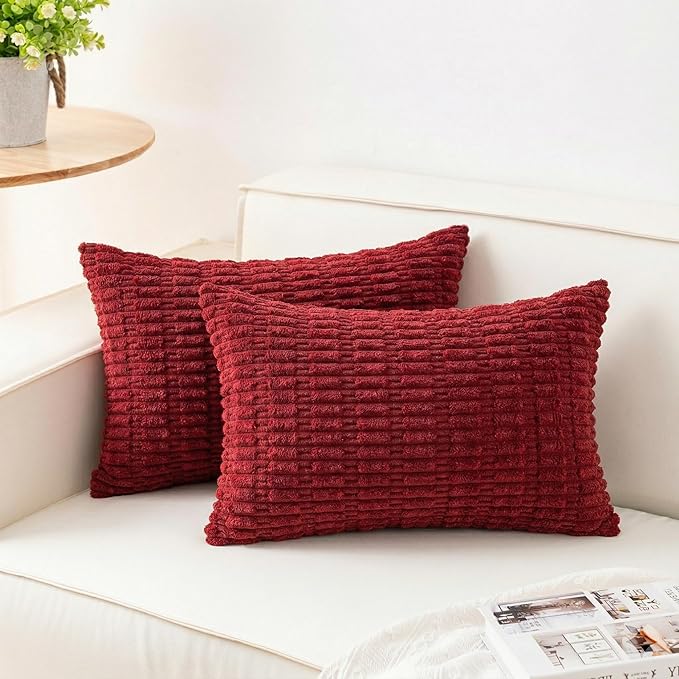 Pack of 2 Corduroy Decorative Throw Pillow Covers 12x20 Inch, Wine Red | Fall by Unknown