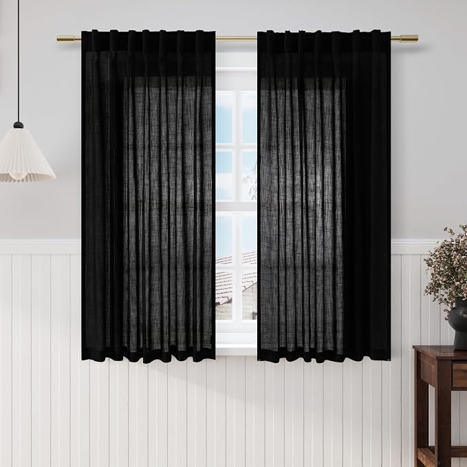 Black Linen Sheer Curtains 54 Inch Length 2 Panel Set Back Tab Pocket Semi by Nanspring
