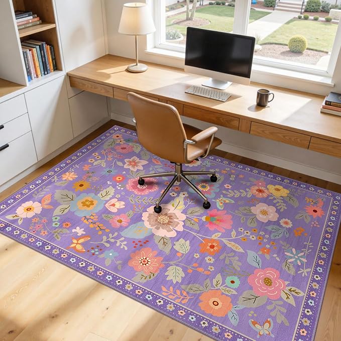 RELEANY Floral Washable 7x9 Area Rugs Purple/Pink | Flower Carpet Print Boho - Image 9