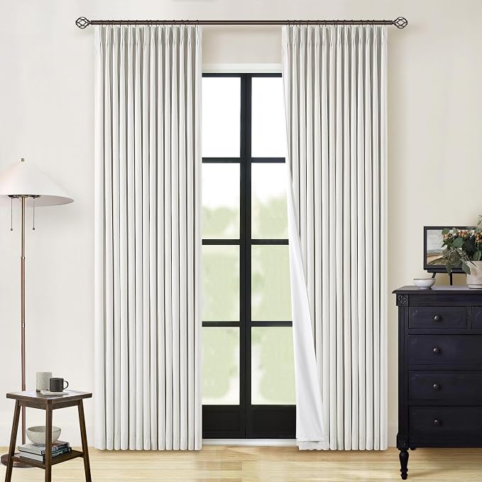100% Blackout Pinch Pleated Linen 84 Inch Curtains 2 Panels Beige White | 2 by Twodrapes