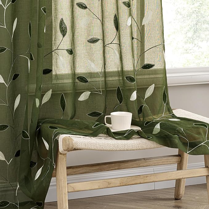MIULEE Olive Green Sheer Curtains 2 Panels Leaf Patterned, W52 x L96 | by MIULEE