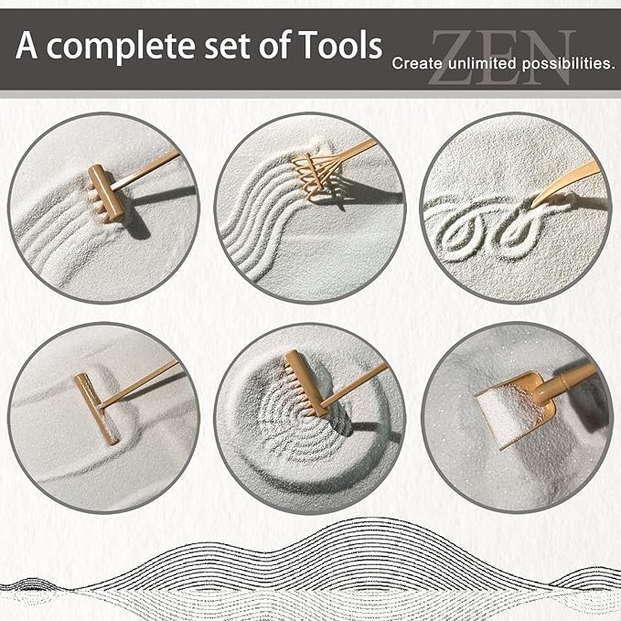 SRAYW Zen Garden Kit for Desk Decor. 11x7.5'' Beautiful Japanese Mini Zen Garden Meditation Gifts Set for Home,Office Desk＆Meditation Room.6 Tools ＆ 18 Accessories. Zen Sand Tray Therapy