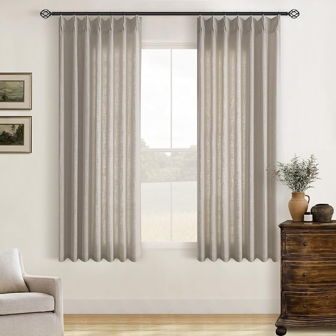 Burlywood Birch Pinch Pleated Linen Curtains 63 Inch Length 2 Panels Set | by Twodrapes