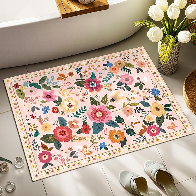 RELEANY Floral Washable 2x3 Area Rugs Doormat Pink | Flower Carpet Print Boho - Image 8