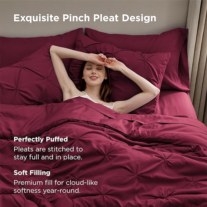 Bedsure King Size Comforter Set Dark Red - Bed in a Bag Bedding Set 7 Pieces, GentleSoft™ Pintuck Bed Set Gift for Family, Pinch Pleat Dark Red Comforter with Sheets, Pillowcases & Shams