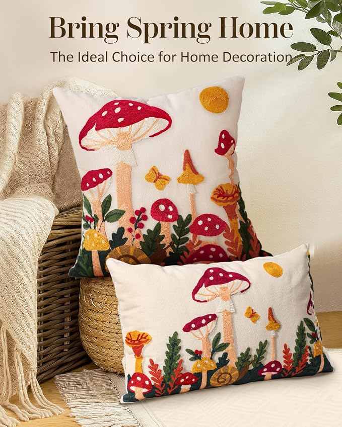 Embroidered Lumbar Pillow Cover 20x12 Inch, Mushroom Moon | Decorative Throw - Image 5