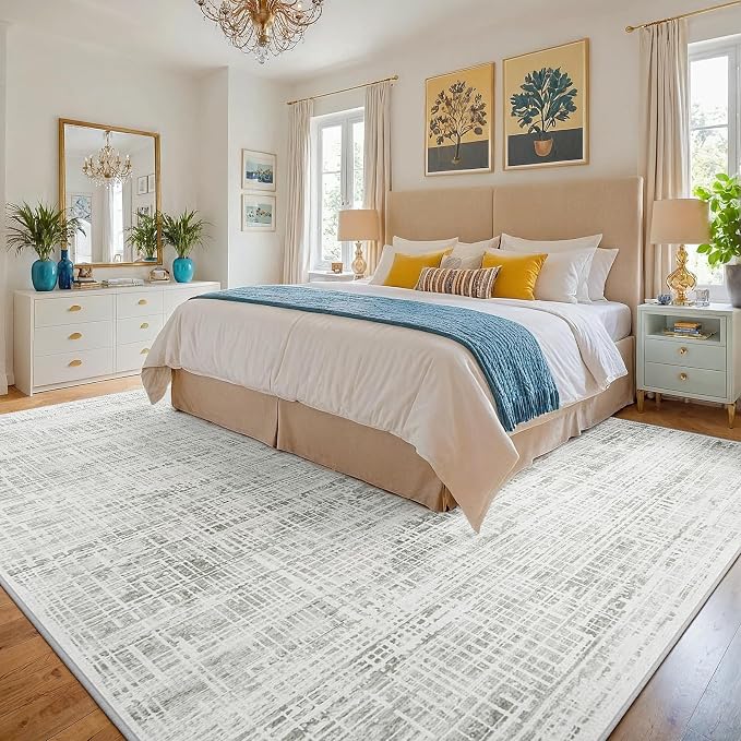 10x14 Washable Area Rug for Living Room Bedroom: Non-Slip Modern White Gray | - Image 2
