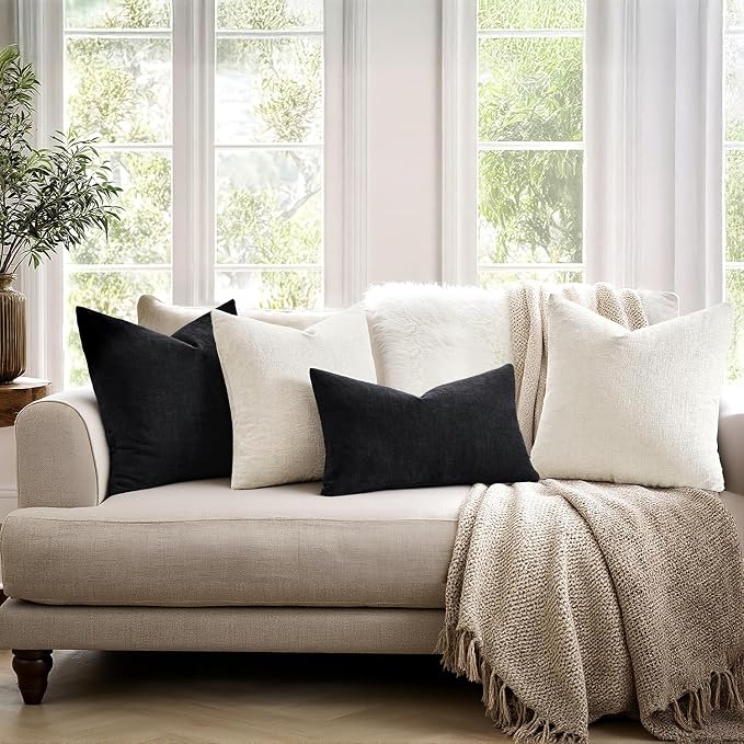MIULEE Black Chenille Couch Lumbar Throw Pillow Covers, 12x20 | Set of 2 - Image 3