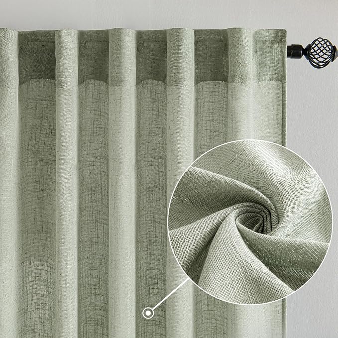 MIULEE Sage Linen Curtains 52x63 Inch Long 2 Panels of Green Window Drapes | - Image 2