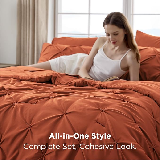 Bedsure King Size Comforter Set Burnt Orange - Bed in a Bag Bedding Set 7 Pieces, GentleSoft™ Pintuck Bed Set Gift for Family, Pinch Pleat Burnt Orange Comforter with Sheets, Pillowcases & Shams