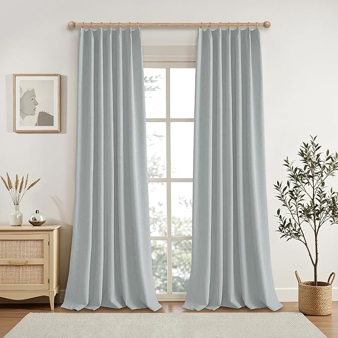 KangBang 95 Inch Pinch Pleated Blackout Curtains for Sliding Glass Door, 60” Wide Pinch Pleat Linen Curtains for Living Room French Door, Privacy Assured Modern Home Decor(60Wx95L, Fog Grey,2 PCs)