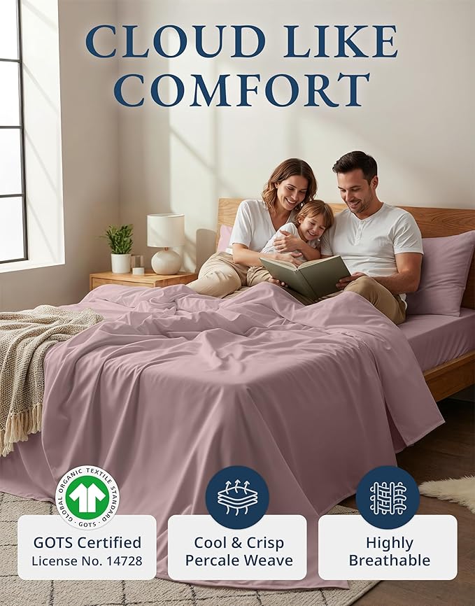 LANE LINEN 100% Organic Cotton King Size Bed Sheets, Sustainably Produced Okeo Tex Certified Cotton Sheets King, Luxury Hotel Percale Soft & Comfy Comes in Variety of Colors -Lilac
