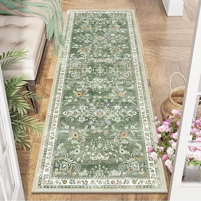 Yamaziot 2x6 Washable Hallway Runner Rug Non Slip Floral Carpet, Sage Green | by Yamaziot