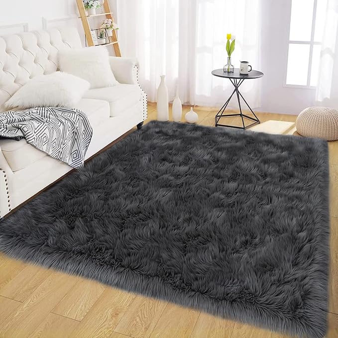 Latepis Dark Grey Faux Fur 4'x5'10" Area Rug, Soft Plush Faux Fur Sheepskin Rugs by Latepis