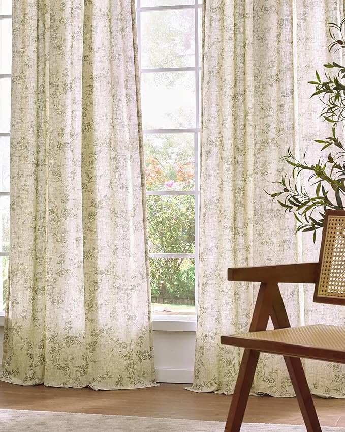 Extra Long Green Vintage Floral Linen Curtains Farmhouse 2 Panels | Elisa Series - Image 8