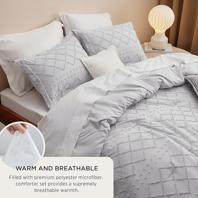 Bedsure Full Comforter Set - Light Grey Comforter, Boho Tufted Shabby Chic Bedding for Kids, 3 Pieces Vintage Farmhouse Bed Set for All Seasons, Fluffy Soft Bedding with 2 Pillow Shams