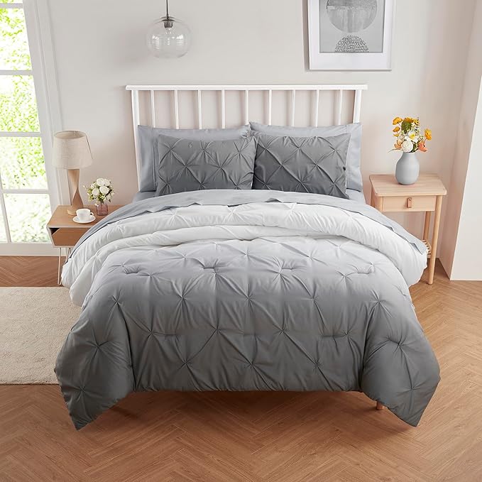 7 Piece Comforter Set Bed in a Bag Ombre Pintuck Design All Season Soft Down Alternative Bedding Comforter Set & Luxurious Matching Bed Sheets & Pillow Shams, Ombre Pintuck Gray, Queen