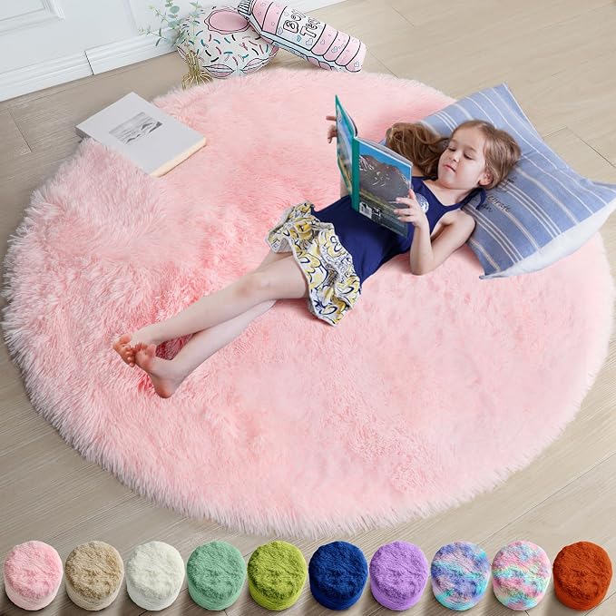 Amdrebio Pink Small Furry Circle Area Rug 3Ft by Amdrebio