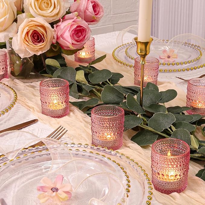 24 Pcs Votive Candle Holders, Pink Glass Candle Holder Bulk for Table Centerpiece, Tea Lights Candle Holders for Wedding Shower, Party and Home Decor