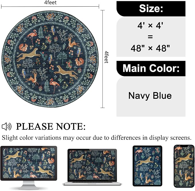 DUKINO 4ft Round Rug, Washable Animal Round Area Rug Non Slip, Non-Shedding - Image 2