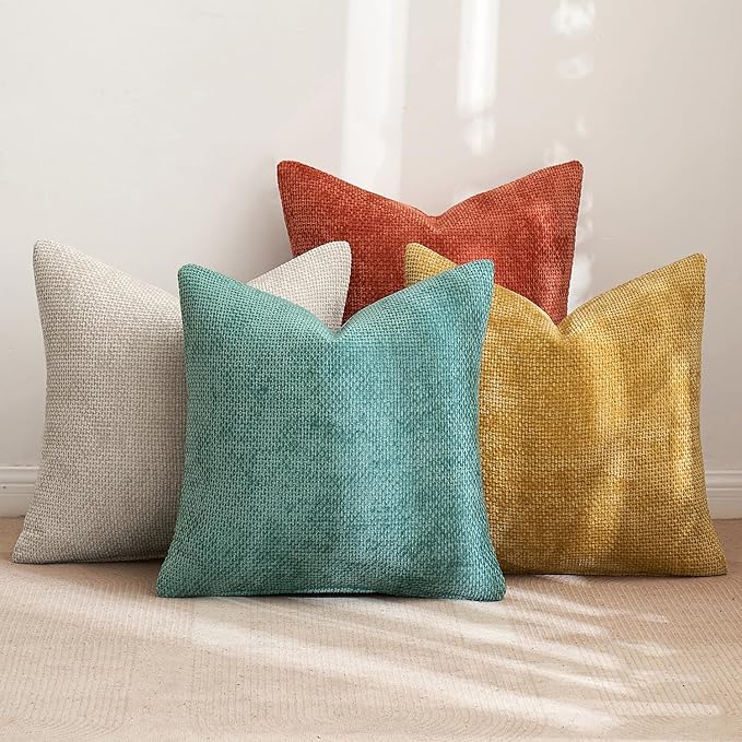 MIULEE Decorative Chenille Fall Pillow Covers Orange Teal 20x20 Pack of 4 | - Image 4