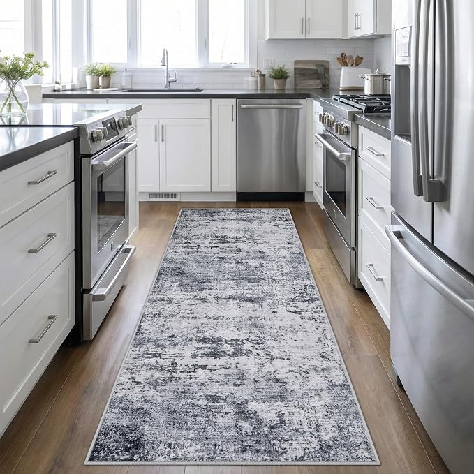 2.6x8 Washable Runner Rug：Modern Abstract Kitchen Soft Carpet Grey | by FXRHLP