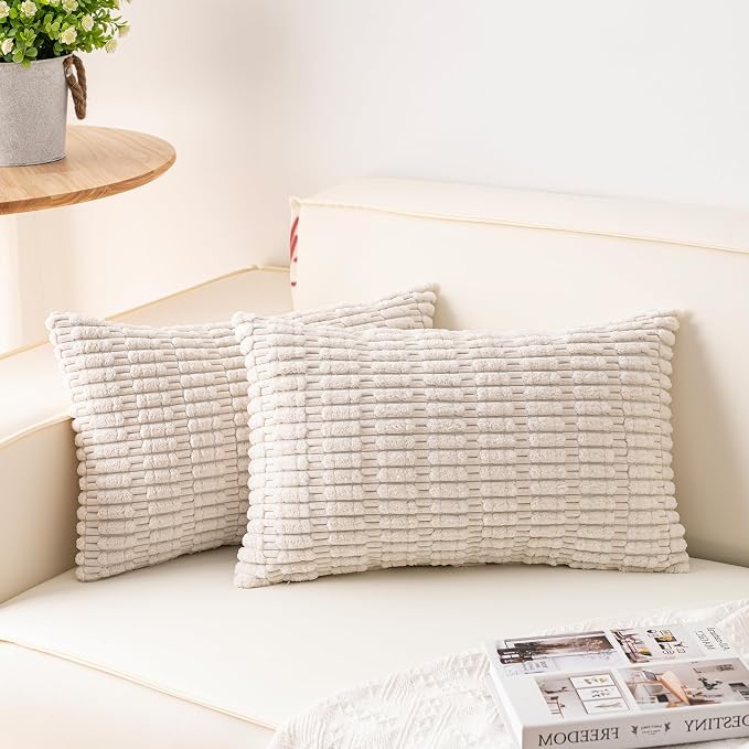 Pack of 2 Corduroy Decorative Throw Pillow Covers 12x24 Inch, Cream White | by Unknown