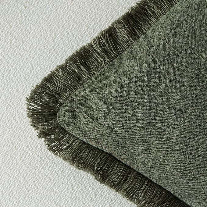MIULEE Boho Linen Fringe Decorative Throw Pillow Covers Rifle Green 18x18 | Set - Image 3
