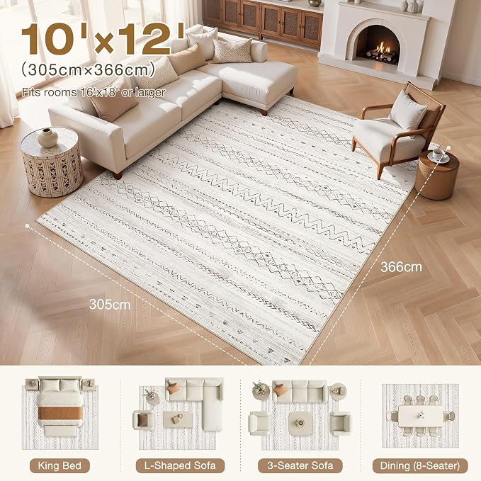 cotiled Boho 10x12 Area Rug for Living Room: Large Moroccan Washable Rug | - Image 9