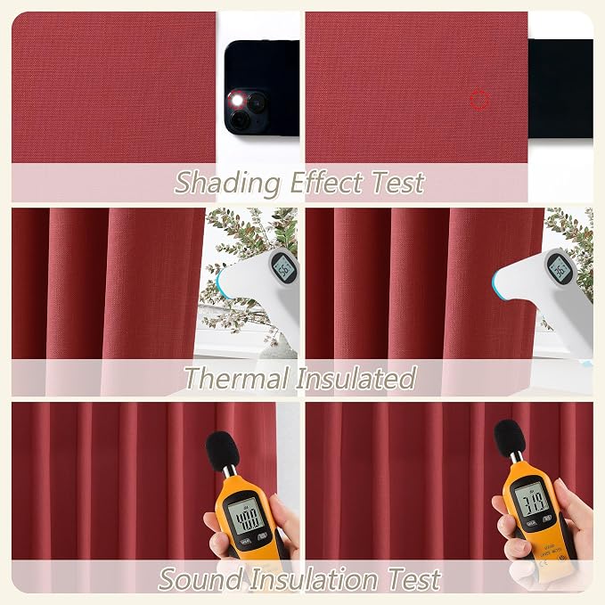 Red 100% Blackout Linen Curtains 102 Inch Length 2 Panels Set - Image 5