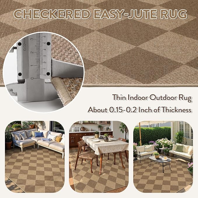 Lahome Checkered Easy Jute Outdoor Patio Rug, 6x9 Living Room Rugs Washable | - Image 5