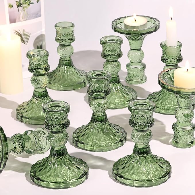 Glass Candle Holder Set of 12, Green Taper Candle Holders Bulk, Vintage Candlestick Holders, Candle Stick Holder for Table Centerpieces, Wedding, Festival & Home Decor