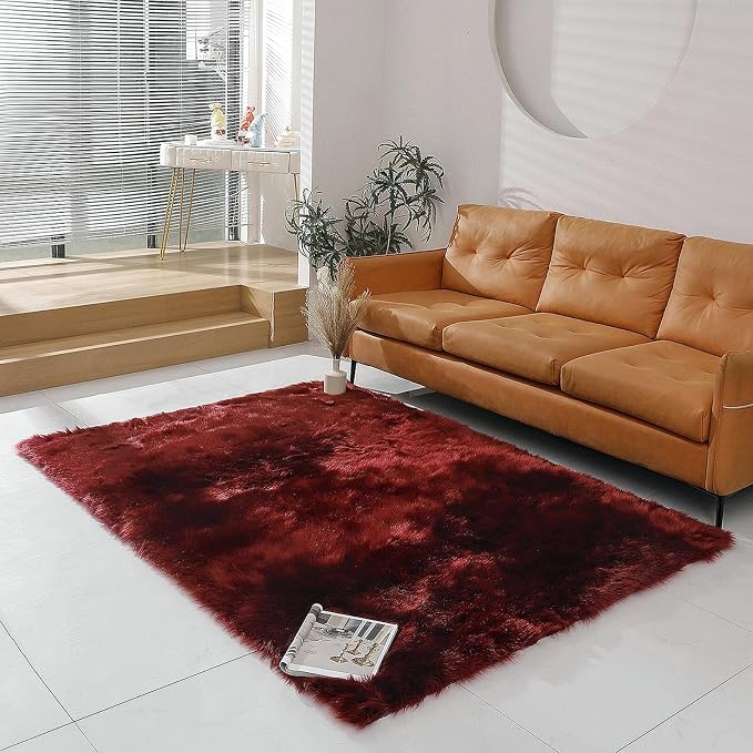 linmopm Faux Fur Rug Sheepskin Shag Fluffy Fuzzy Red 5x7 ft Rugs by Limopmfauxfurproducts