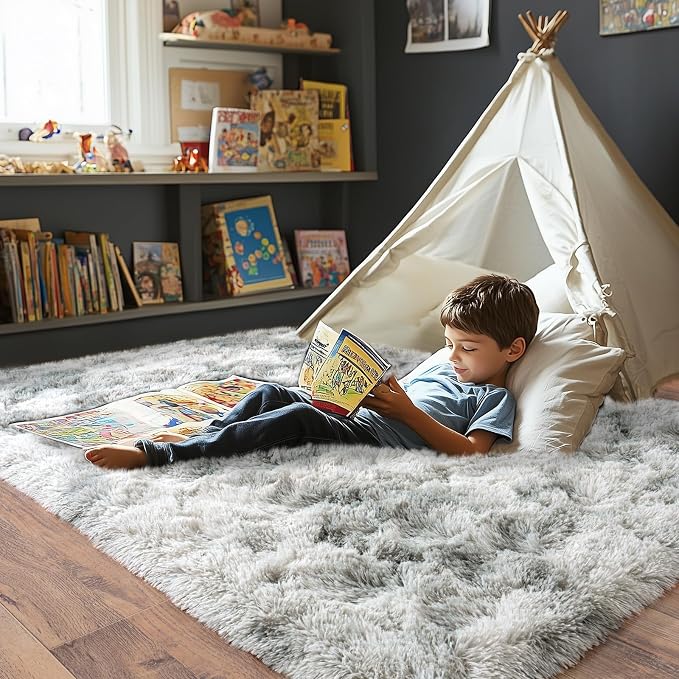 Fluffy Area Rug for Bedroom 4x6, Indoor Plush Carpet, Tie Dye Grey | Shag Soft - Image 3