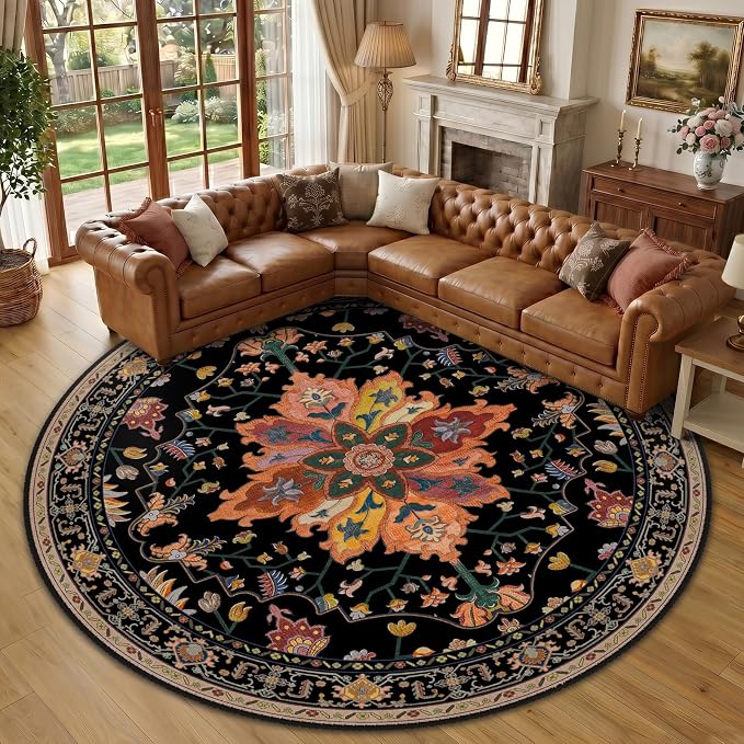 RELEANY Washable Area Rug, Round 10ft, Water Repellent, Pet Friendly, Vintage by RELEANY