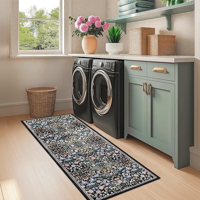 PLHXFR 2x6 Washable Runner Rug：Floral Indoor Kitchen Carpet Dark Black | - Image 4