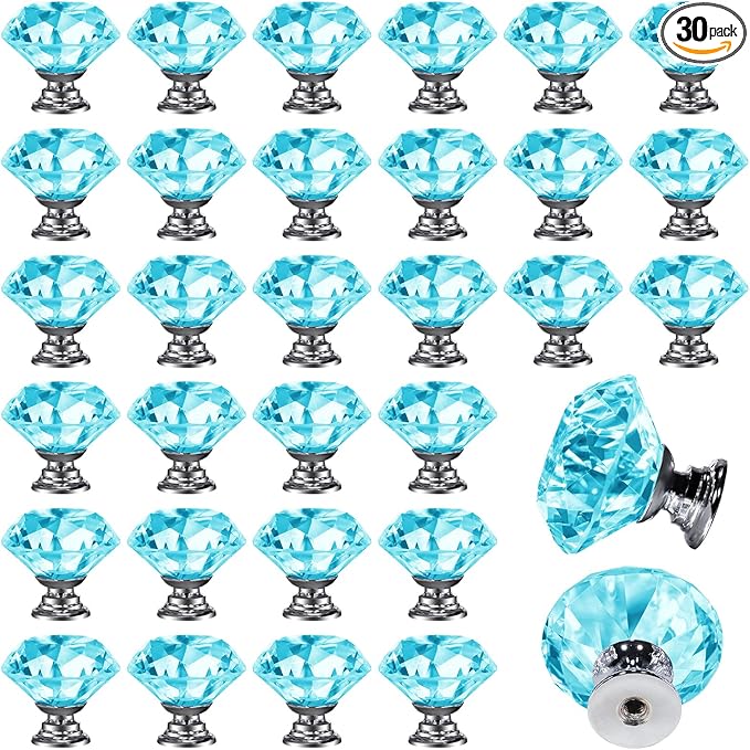 DEELF 30 Packs Kitchen Cabinet Knobs, 30 mm Crystal Cabinet Knobs, Diamond Dresser Handle Drawer Pulls, Dresser Knobs for Cabinets and Drawers, Light Blue