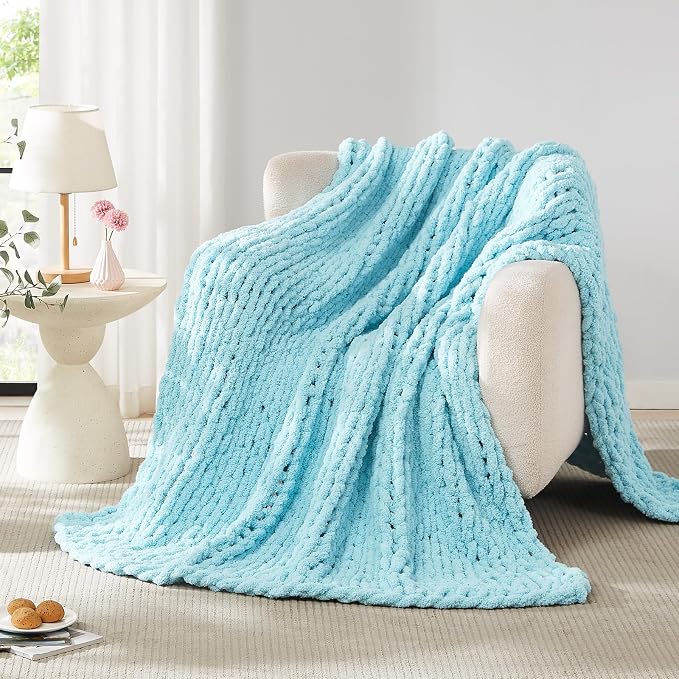 L'AGRATY Chenille Chunky Knit Blanket, Light Blue, Heavyweight Throw Blanket - Image 7